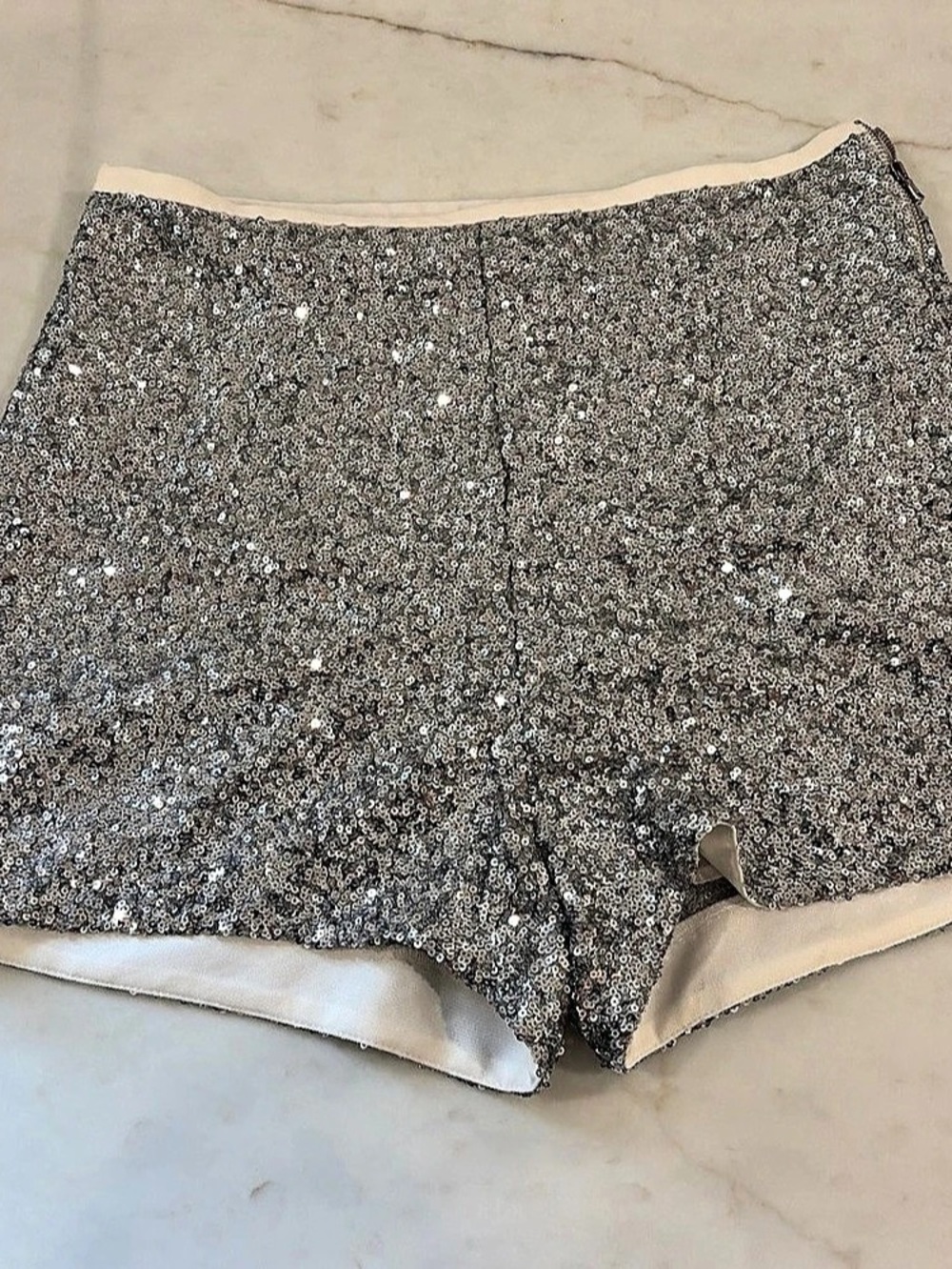 Zara Sequin High-Waisted Shorts in Silver